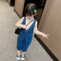 Spring Girl 2022 New Denim Suspender Pants Baby Girl Net Red Fashion Suit Kids Korean Version Foreign Kids