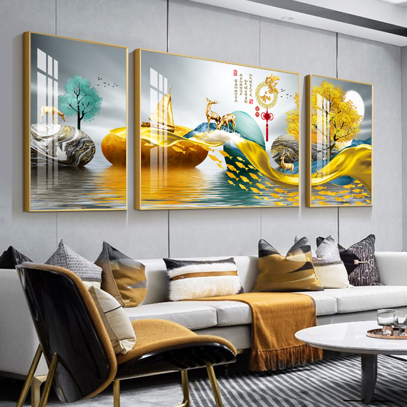 Modern minimalist living room decoration painting light luxury sofa background wall painting crystal porcelain painting atmospheric triptych painting wall painting