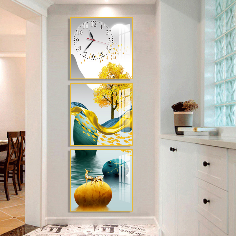 Entrance decorative painting vertical version triple framed painting clock hanging painter restaurant corridor aisle mural art wall clock