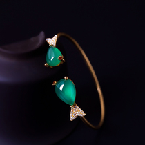 s925 pure silver inlaid jade gold retro bracelet female ancient wind Han clothes silver decorated with double fish jade medullary bracelet 7 New Years birthday present