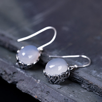 Silver fan natural white jade medullary agate water drop earrings woman S925 silver ancient wind retro minimalist Temperament Ear Hook