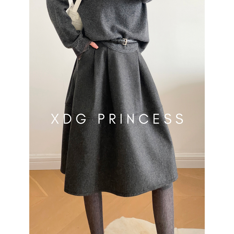 French Retro Wool A-Line Bud Skirt Woolen Skirt for Women in Autumn and Winter High-Waisted Slimming Look Fleece-Lined Warm Mid-Length Skirt
