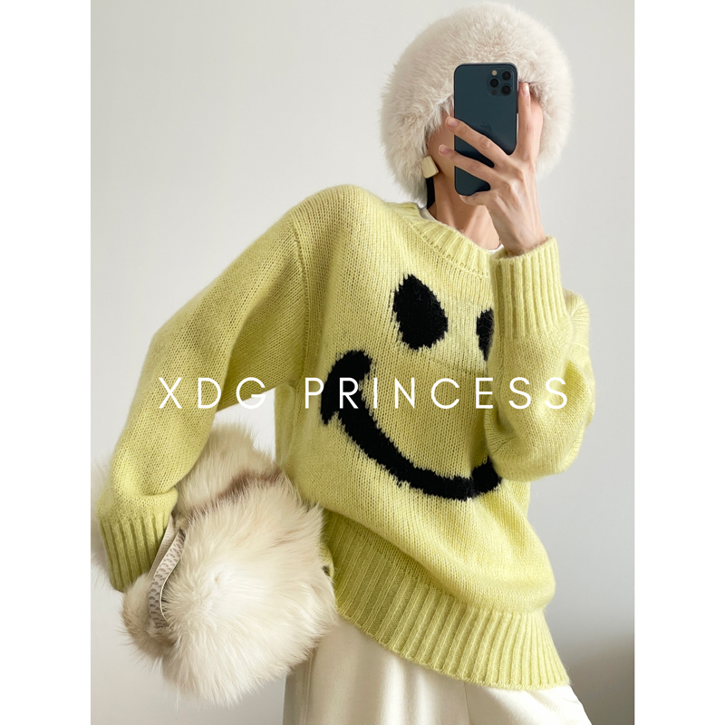 Scandinavian Niche Designer~Oversize Round Neck Smiley Face Jacquard Autumn and Winter Loose Mohair Pullover Sweater for Women