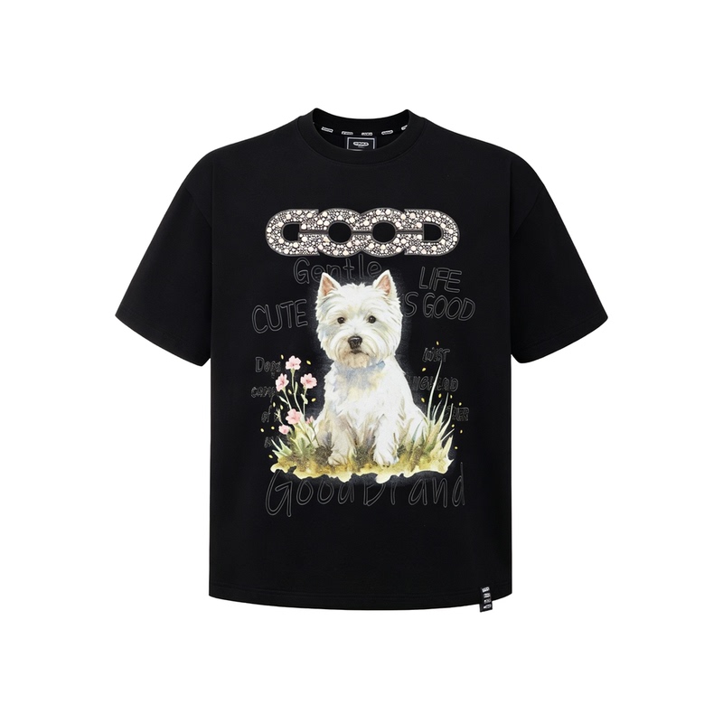 Goodbrand New Floral and Puppy Glitter Rhinestone Light Luxury High-End Short-Sleeve T-Shirt, Unisex Trendy Style