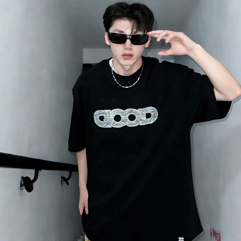 Goodbrand 26Ss New Model Good Map Sequin Embroidery Basic Logo Short-Sleeve T-Shirt for Men and Women, Same Style for Couples