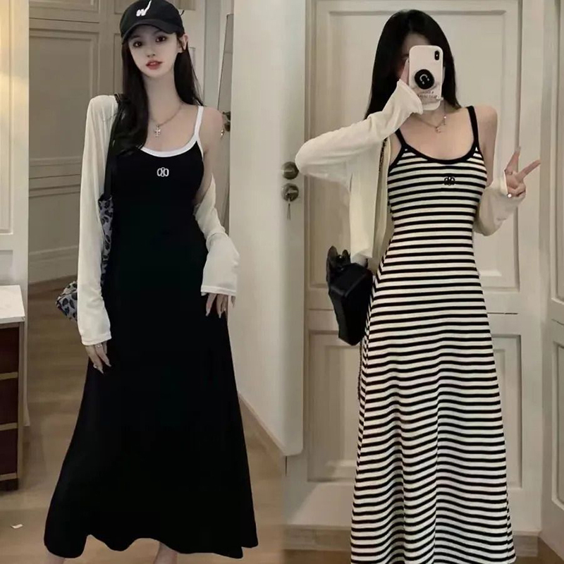 American Street Style Slimming Black Camisole Dress Mid-Length Sleeveless Dress New Women's Thin Cardigan Dress
