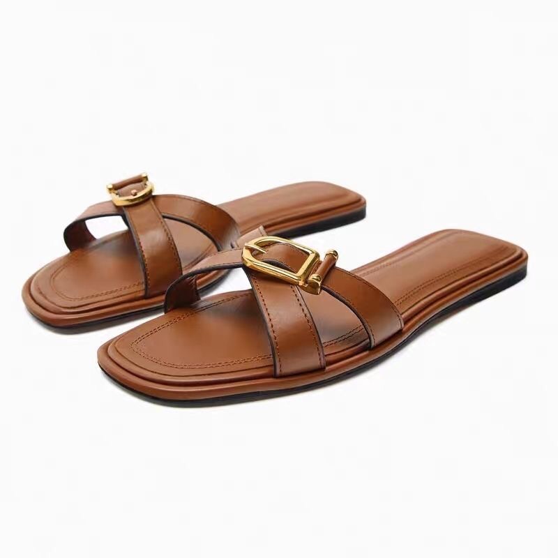 Za2023 Summer New Flat-Soled Outdoor Slippers for Women, Versatile Buckle Decoration, Cross-Strap, Daily Vacation Casual Slip-Ons