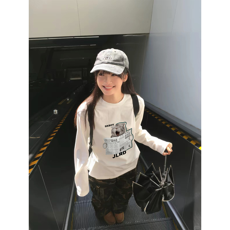 Pure Cotton American-Style White Long-Sleeve T-Shirt for Women, Spring and Autumn, Unique Design, Loose Fit, Thin Base Shirt