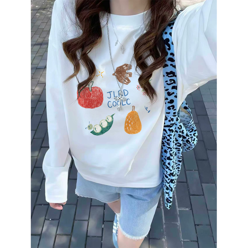 Pure Cotton American-Style White Long-Sleeve T-Shirt for Women, Loose Fit, Suitable for Petite Figures, Early Autumn, Can Be Worn Alone or as an Inner Layer Pure Cotton American-Style White Long-Sleeve T-Shirt for Women, Loose Fit, Suitable for Petite Figures, Early Autumn, Can Be Worn Alone or as an Inner Layer