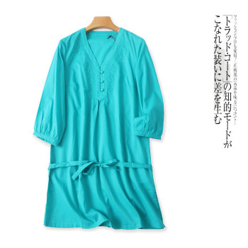 Embroidered shirt dress spring and autumn new women's fashion loose v-neck pullover three-quarter sleeves tie waist mid-length top