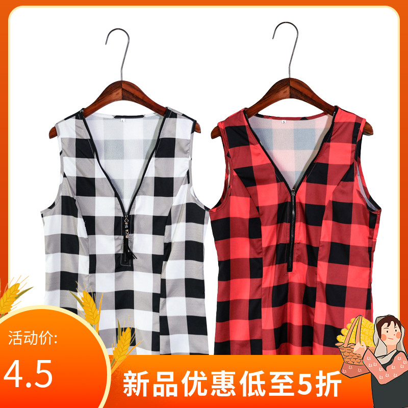 V collar plaid chain T-shirt 2022 Summer women's dress New minimalist loose sleeveless spliced blouse for large size