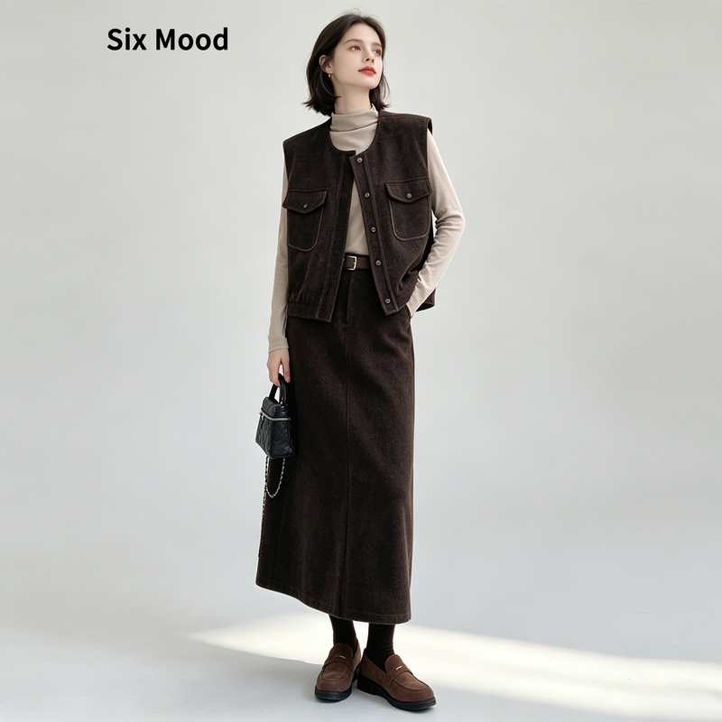 Sixmood Retro Coffee-Colored Vest and Skirt Suit for Women, Autum Sleeveless Work Vest, Half-Length Skirt, Three-Piece Set Sixmood Retro Coffee-Colored Vest and Skirt Suit for Women, Autum Sleeveless Work Vest, Half-Length Skirt, Three-Piece Set
