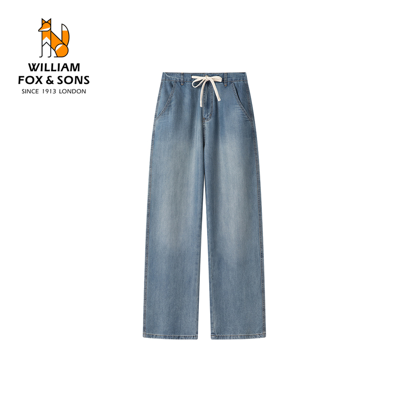 William Fox 2026 Spring New Skin-Friendly Lyocell Drapey Straight-Leg Pants Light Blue Drawstring Jeans for Men