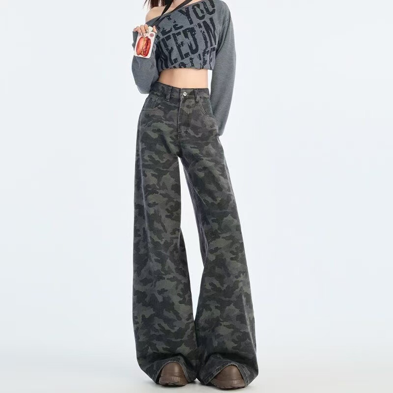 American Retro Camouflage Workwear Jeans for Women 2026 New Style Petite Loose Wide-Leg Thin Drapey Straight Pants