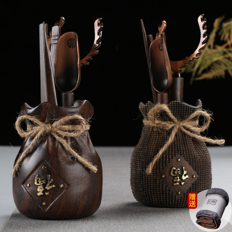 Divine Carving Six Gentlemen Tea Ceremony Accessories Black Sandalwood Solid Wood Kung Fu Tea Set Tea Knife Tea Clip Tea Spoon Tea Tray Ornament Set