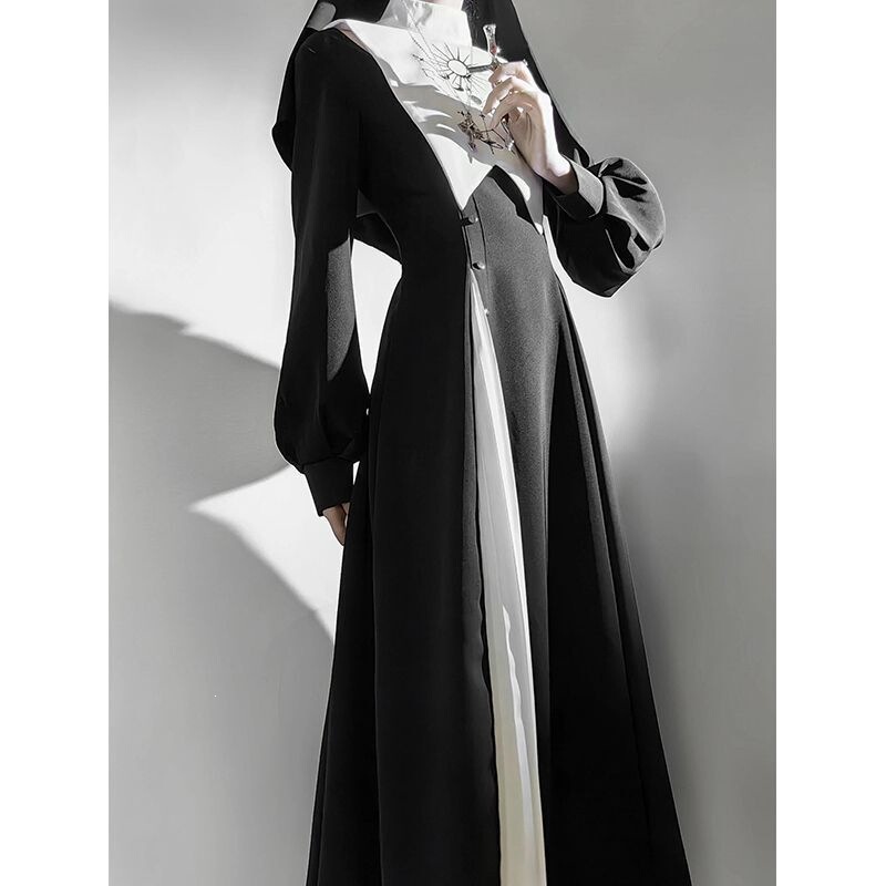 Black and White Nun Dark Gothic Style Lolita Dress Lolita Daily Halloween Costume Cosplay Outfit Set
