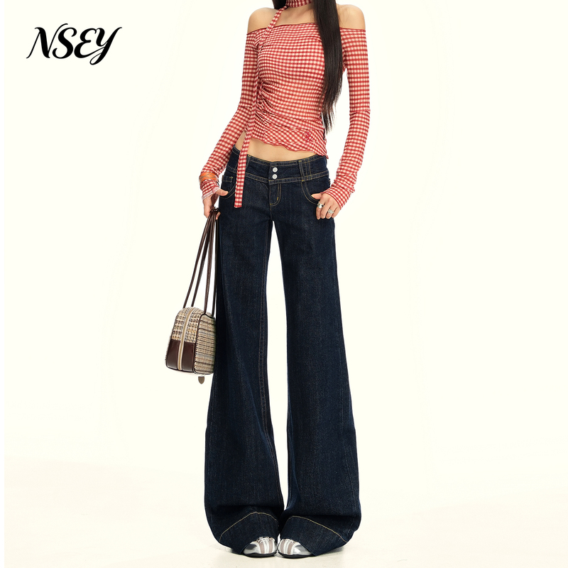 Nsey Dark Blue Low-Waisted Flared Jeans for Women 2026 Summer New Style Petite Slim-Fit Floor-Length Pants