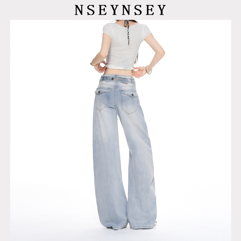 Nsey Light Blue Paris Button Design Wide-Leg Jeans for Women 2026 Autumn New Style Non-Tight Slimming Scimitar Pants