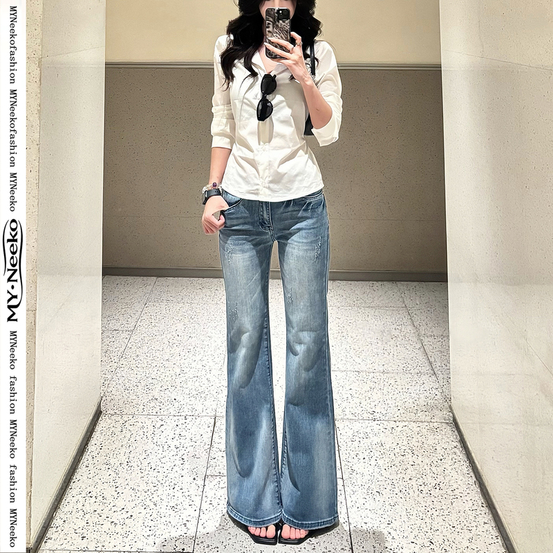 My Neeko Light Blue Low-Waisted Flared Jeans for Women 2026 New Summer Style Slimming Versatile Floor-Length Pants