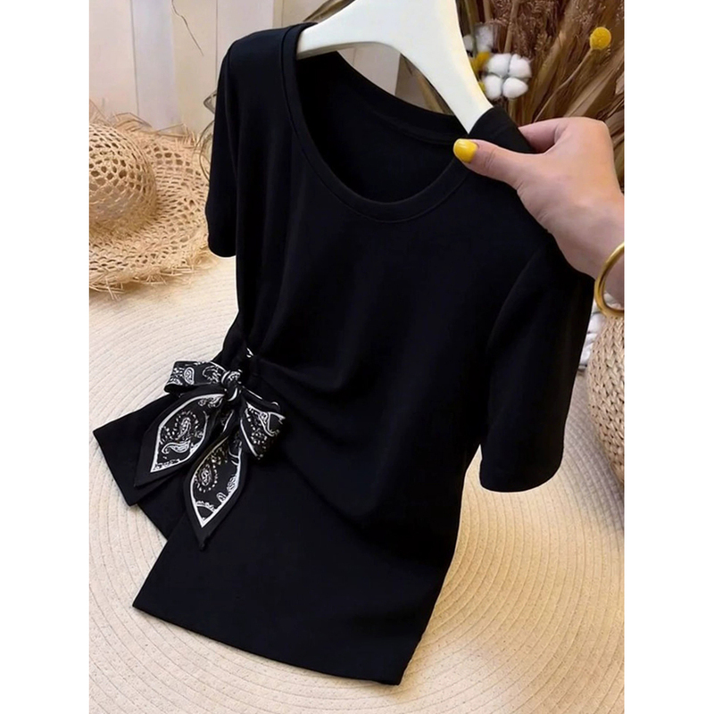 Black Design-Inspired Tie-Waist Irregular Short-Sleeve T-Shirt, Unique and Versatile for Summer 2026, Slimming and Fashionable Top