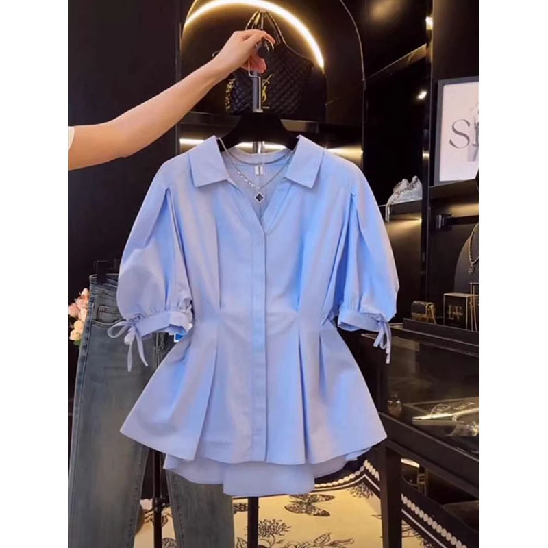 Plus-Size French-Style Collared Puff-Sleeve Long-Sleeve Shirt for Women, Summer, for Curvy Women, Unique and Elegant, Waist-Cinching Top