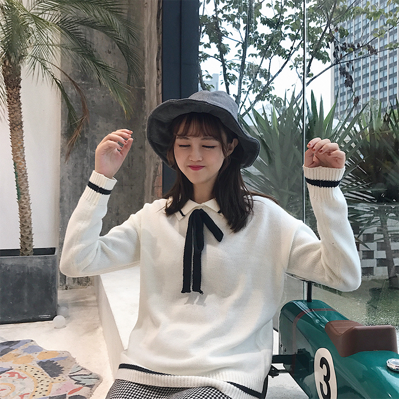 孙啦啦原宿条纹针织衫长袖女2017新款韩版娃娃领蝴蝶结套头毛衣