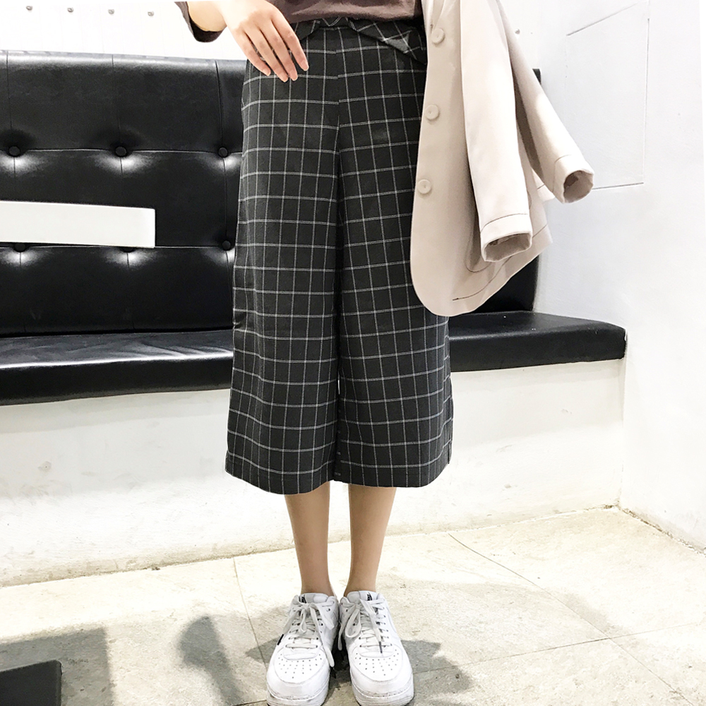 孙啦啦2017韩版春季新品宽松直筒英伦格子阔腿女长裤高腰休闲裤