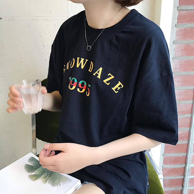 孙啦啦夏装新品复古宽松圆领百搭字母撞色印花短袖T恤女纯棉短款