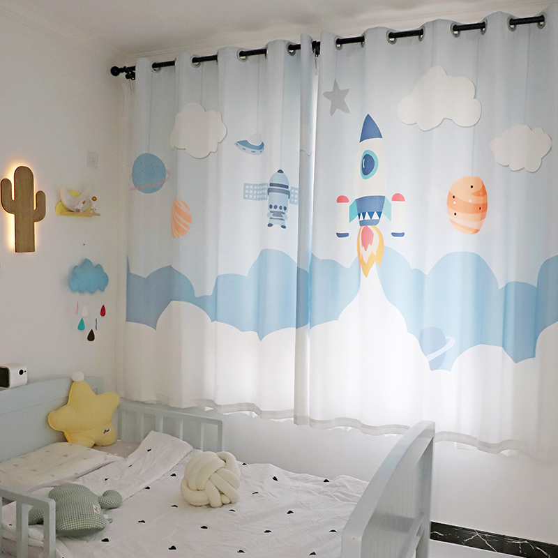 Internet-Famous Planet Rocket Boy Children's Room Cartoon Girl Bedroom Living Room Short Blackout Curtains, No Drilling Required for Installation