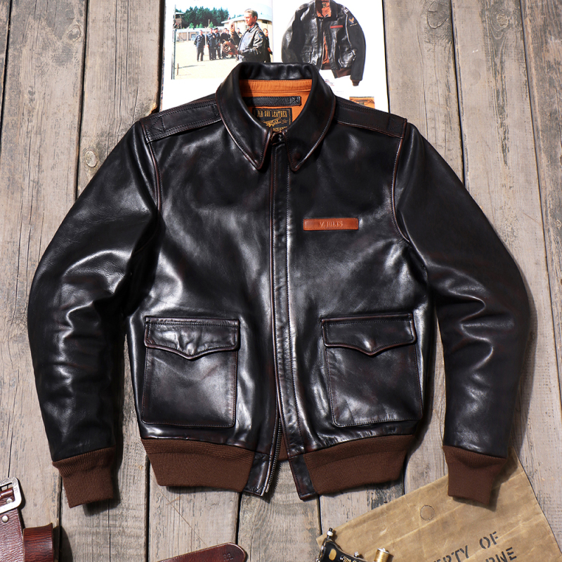 Ea**Man Version of the Great Escape A2 Flight Suit Jacket, Washed and Distressed, American Retro Men's Tea Core Horsehide Leather Jacket