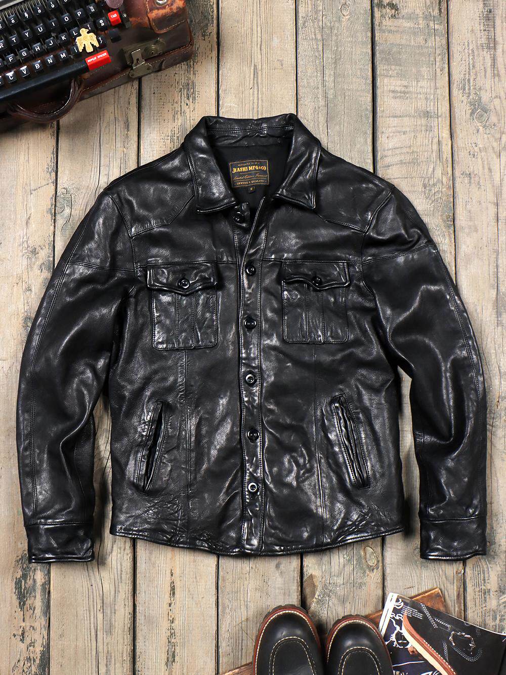 Men's Genuine Leather Shirt Jackets American Casual Leather Button