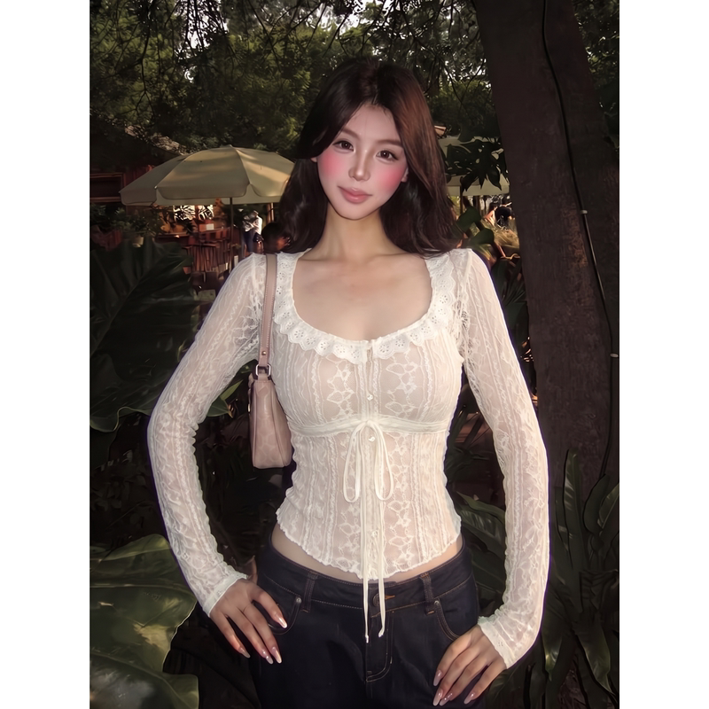 White Pure and Elegant Autumn New Style Slimming Versatile Fashionable Age-Reducing Bell-Sleeve Lace Blouse Long-Sleeve Top for Women