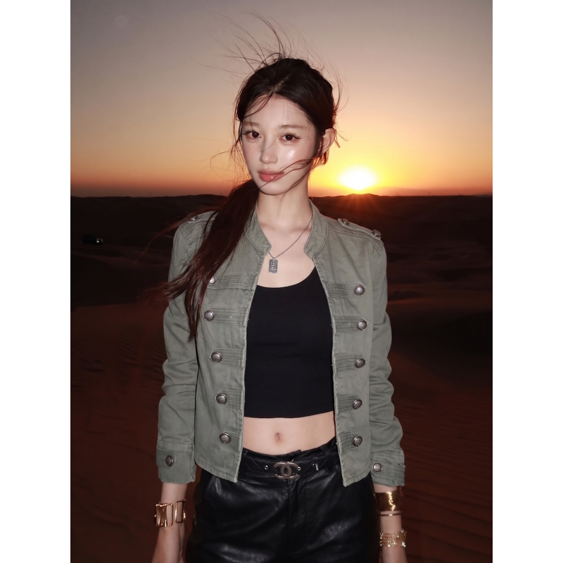 【Sweet and Cool Outfit】Stand Collar Metal Button Short Workwear Jacket for Women, Autumn, Petite, High Waist, Slimming, Sweet and Cool Outerwear 【Sweet and Cool Outfit】Stand Collar Metal Button Short Workwear Jacket for Women, Autumn, Petite, High Waist, Slimming, Sweet and Cool Outerwear