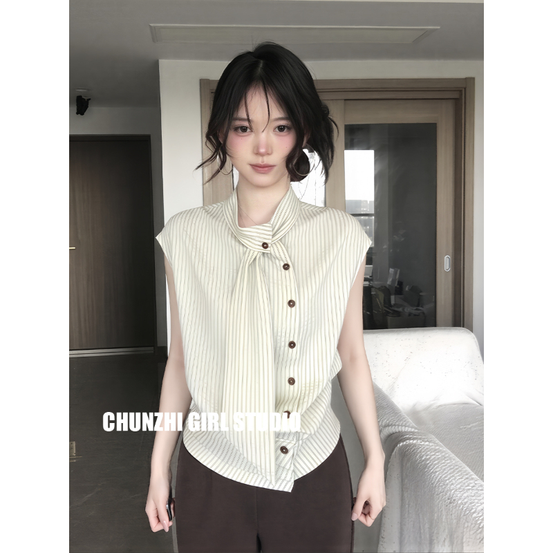 Summer New Design Tie-Front Single-Breasted Green Striped Shirt Women's Summer Sleeveless Vest Elegant High-End Top