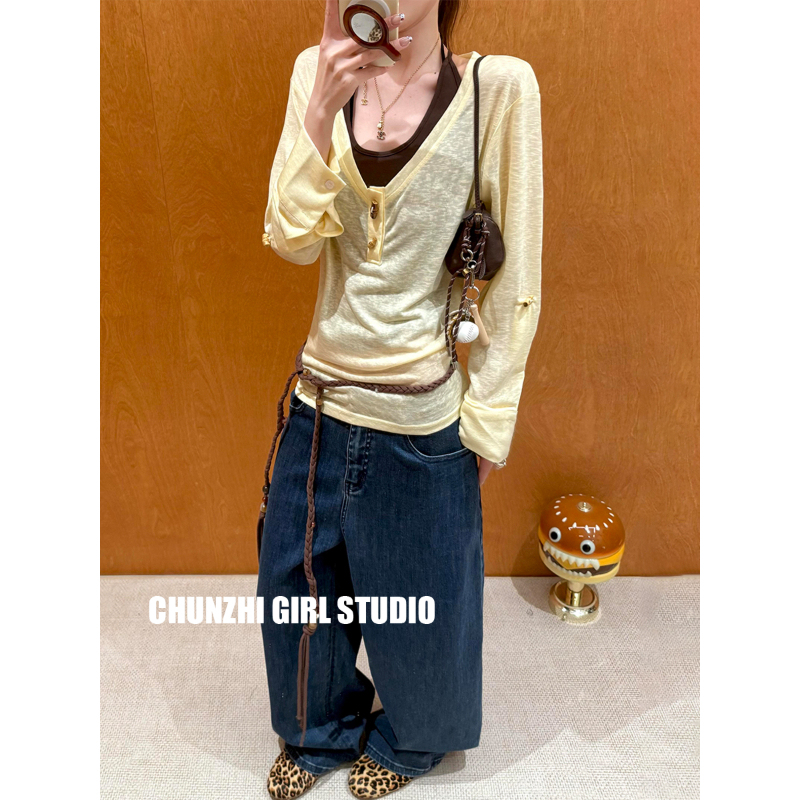 Creamy Yellow Dopamine Design New Cool and Relaxed Style Outfit with Wooden Button Long-Sleeve Base Shirt and Camisole Two-Piece Set