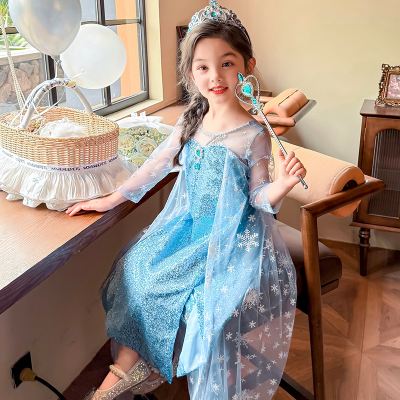 High-End Girls' Elsa Princess Cape Dress 2025 Summer Baby Girl Birthday Dress Frozen Mesh Dress