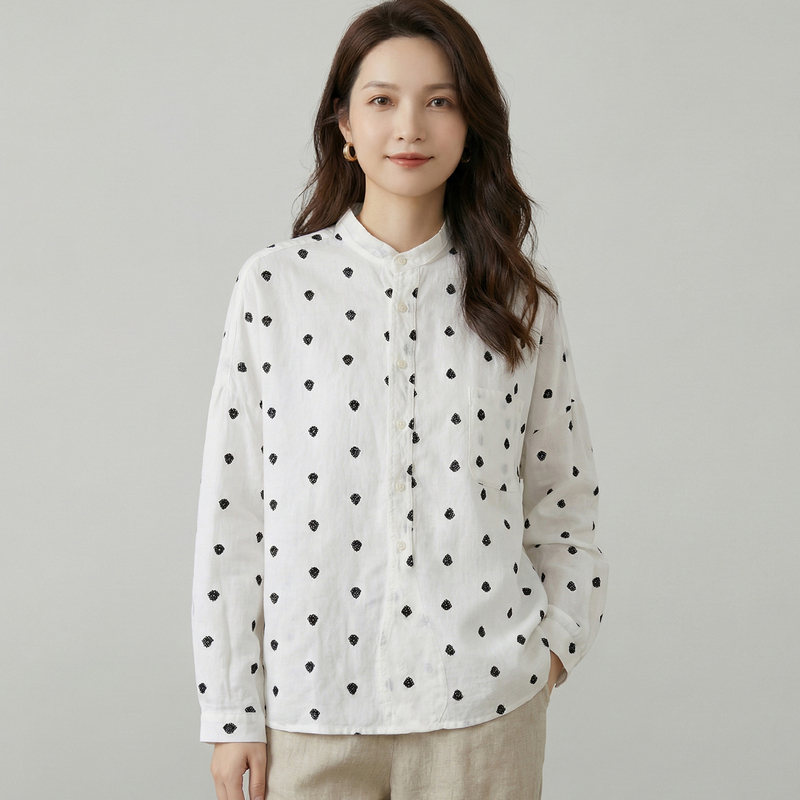 2026 New Women's Spring and Summer 100% Pure Linen Embroidered Polka Dot Stand Collar Cardigan Button Long-Sleeve Versatile Shirt
