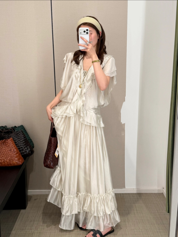Ceiling Cs26 Spring/Summer Ouyang Nana Refund Light Green French Style Acetate Ruffle Tie Dress
