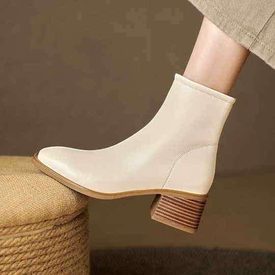 Italian Corso Venezia~Casual Elastic Thick Heel Square Toe Slim Boots Genuine Leather Short Boots Small Ankle Boots Retro