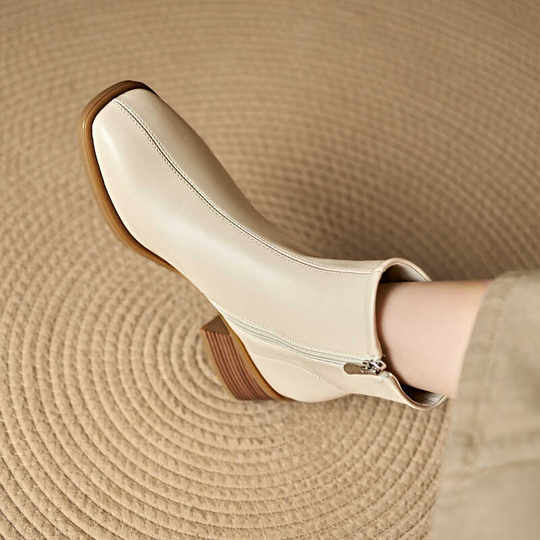 Italian Corso Venezia~Casual Elastic Thick Heel Square Toe Slim Boots Genuine Leather Short Boots Small Ankle Boots Retro