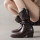 Italy Corso Venezia~French-Style Pointed Toe Chunky Heel Short Boots, Vintage Genuine Leather Patchwork Stretch Slim Boots