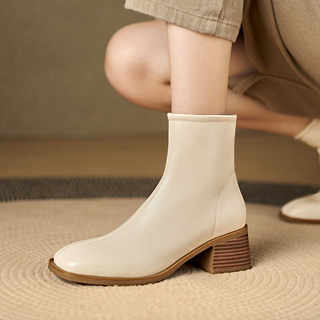 Italian Corso Venezia~Casual Elastic Thick Heel Square Toe Slim Boots Genuine Leather Short Boots Small Ankle Boots Retro