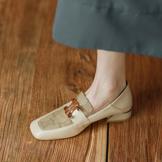 Italian Corso Venezia Loafers for Women, Square Toe, Genuine Leather, Versatile Small Leather Shoes, Printed Retro Spring Shoes