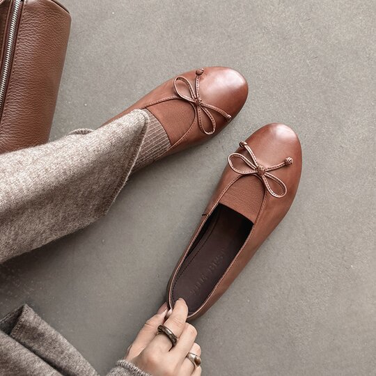 Italy's Corso Venezia~Vintage Genuine Leather Round-Toe Bow-Knot Ballet Flat Mary Jane Soft-Soled Shoes