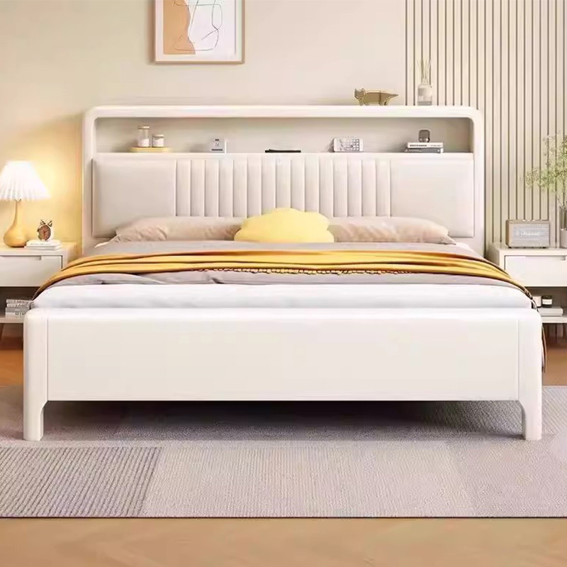 Cream-Colored Solid Wood Bed, White 1.8m Modern Minimalist Bed, Master Bedroom Double Bed, 1.5m Soft-Packed Headboard with Storage Cream-Colored Solid Wood Bed, White 1.8m Modern Minimalist Bed, Master Bedroom Double Bed, 1.5m Soft-Packed Headboard with Storage
