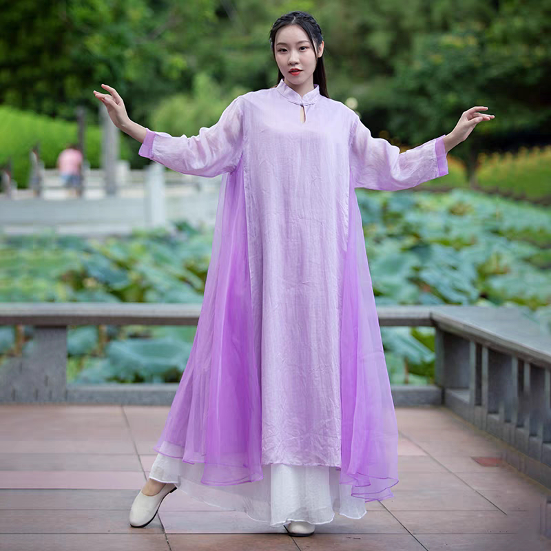 Great Freedom - Classic Goose Yellow Ramie Zen Dance Dress, Loose Zen-Inspired Chinese Style Stand Collar, Buttoned Water Drop Collar Long Dress