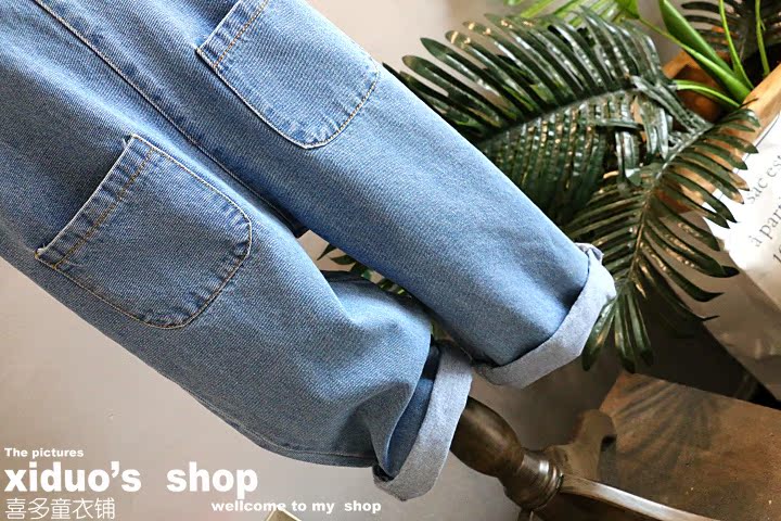 Trẻ em hàn quốc của quần áo 2018 mùa hè cô gái mới triều fan denim lỏng thư bib dây đeo vai rộng chân bib