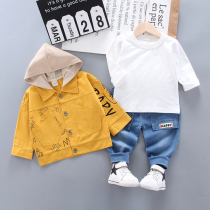 Male children pure cotton clothes 1-4 infant childrens hat bucket three-piece set spring and autumn new jeans casual Korean version