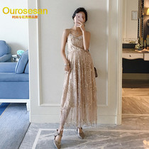 OUROSESAN brand pregnant WOMEN CROSS HALTER SUSPENDER DRESS SEQUINED FAIRY super FAIRY mesh DRESS