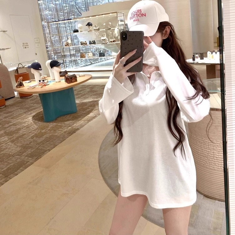 Korean Style Niche Relaxed Fit Polo Collar Pure White Long-Sleeve T-Shirt for Women, Autumn Loose Slimming Turn-Down Collar Base Shirt Top